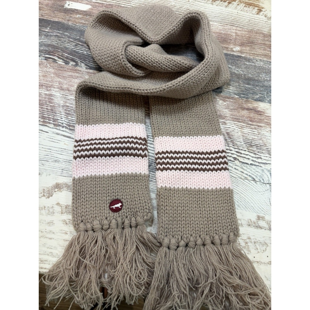Horny Toad Scarf One Size Knitted Warm Gray Pink Fringe Edges Logo Patch